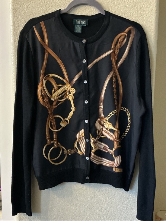 Ralph Lauren Tops - Ralph Lauren Black Gold-Print Button Cardigan Sweater SZ L
